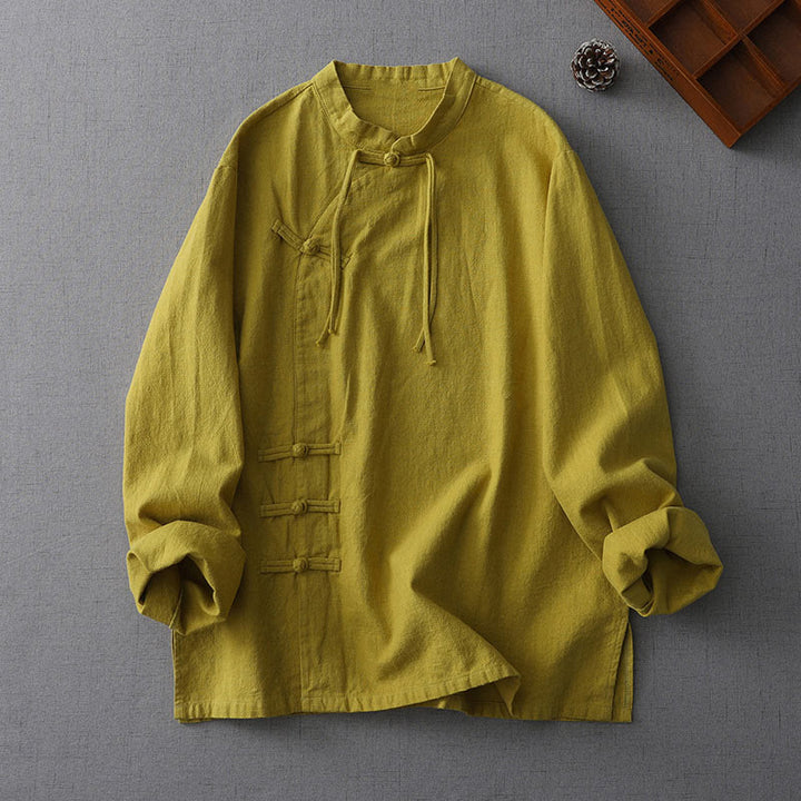 Buddha Stones Vintage Chinese Frog-Button Design Stand Collar Zen Women's Long Sleeve Cotton Linen Shirt - YellowGreen - US8-10,UK/AU12-14,EU40-42 (2XL) - image 6