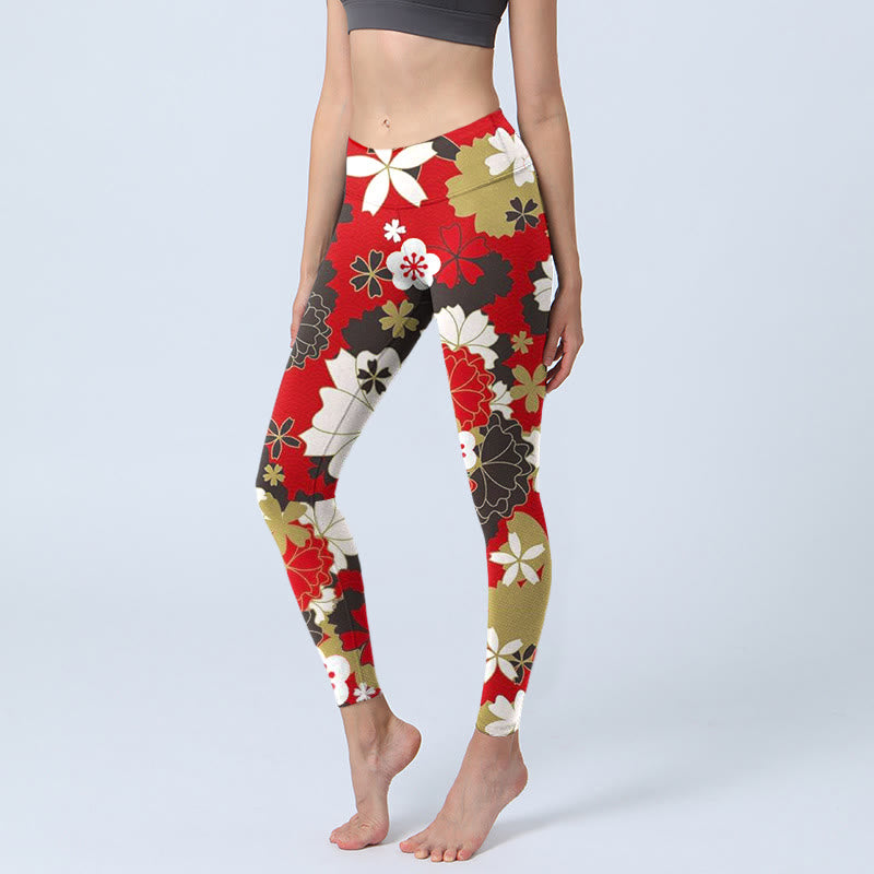 Buddha Stones Cherry Blossom Petals Pattern Print Gym Leggings Women's Yoga Pants - Crimson - US18,UK/AU22,EU50 (4XL) - image 0