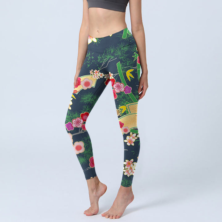 Buddha Stones Cherry Blossoms Bamboo Pine Tree Print Gym Leggings Women's Yoga Pants - DarkGreen - US18,UK/AU22,EU50 (4XL) - image 0