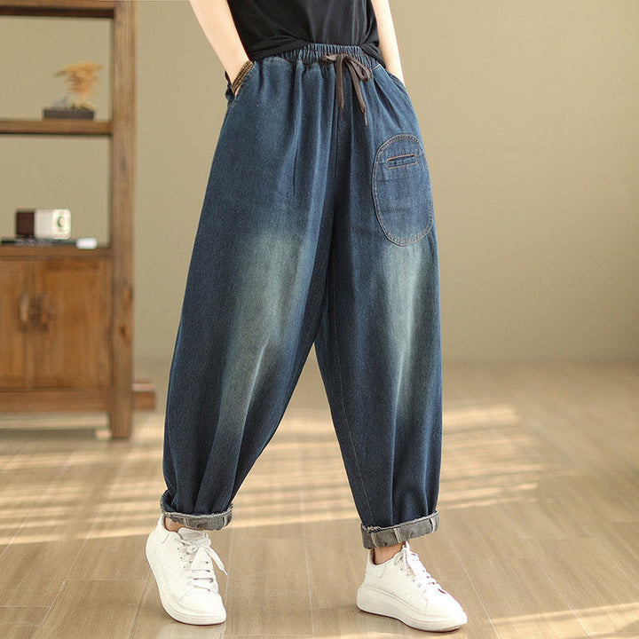 Buddha Stones Casual DarkSlateBlue Plain Drawstring Cotton Women's Harem Pants With Pockets - image 5