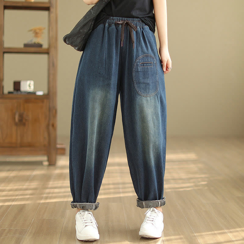 Buddha Stones Casual DarkSlateBlue Plain Drawstring Cotton Women's Harem Pants With Pockets - DarkSlateBlue - US12,UK/AU16,EU44 (2XL) - image 0