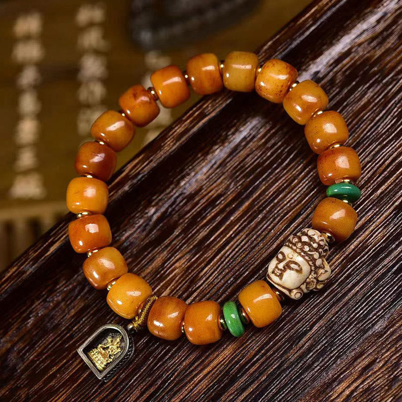 Buddha Stones Natural Tibetan Camel Bone Barrel Beads Buddha Head Luck Protection Bracelet - image 1