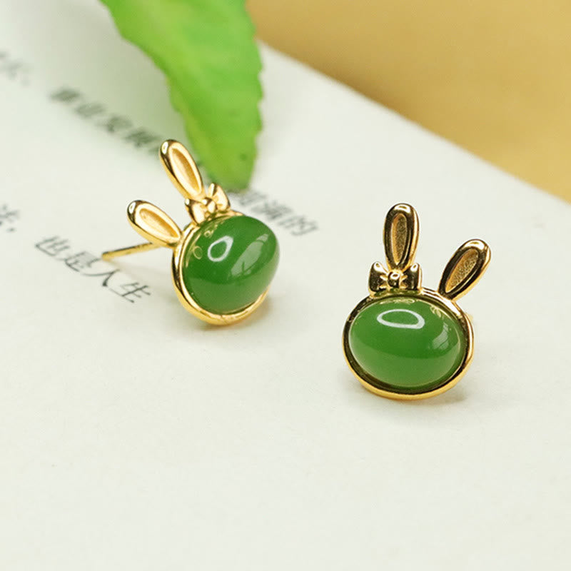 Buddha Stones 925 Sterling Silver Hetian Cyan Jade Cute Rabbit Luck Stud Earrings - image 5