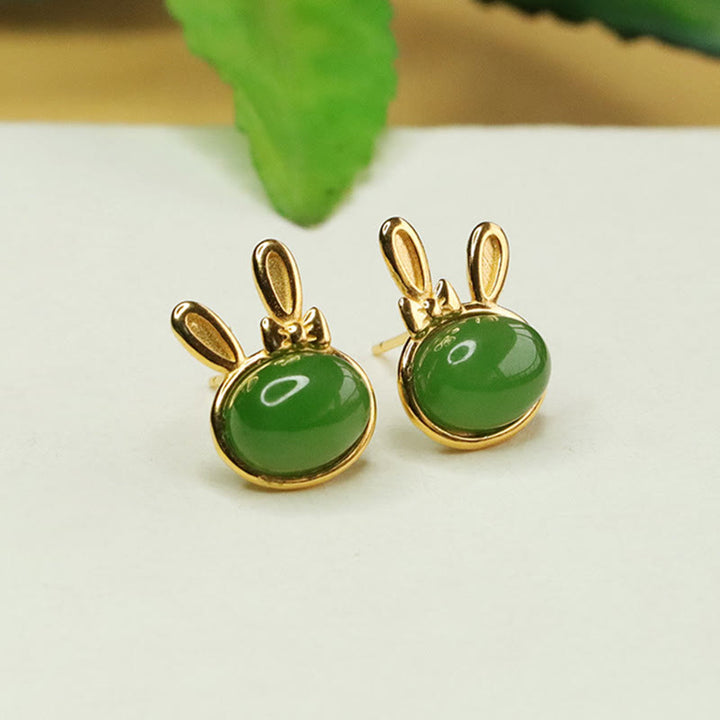 Buddha Stones 925 Sterling Silver Hetian Cyan Jade Cute Rabbit Luck Stud Earrings - image 4