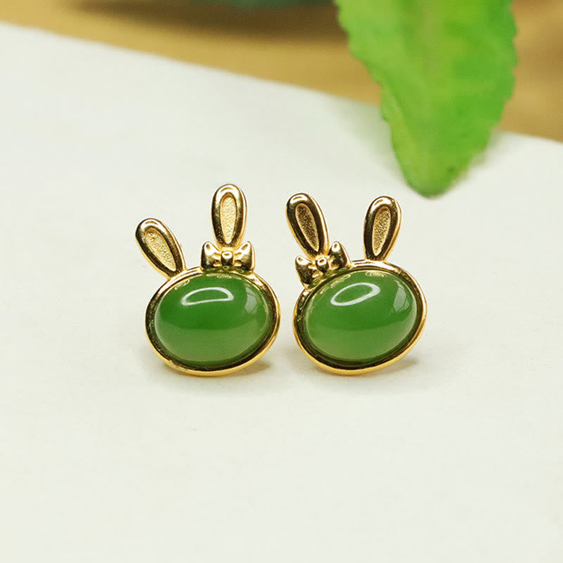 Buddha Stones 925 Sterling Silver Hetian Cyan Jade Cute Rabbit Luck Stud Earrings - Hetian Cyan Jade(Success♥Healing) - image 0