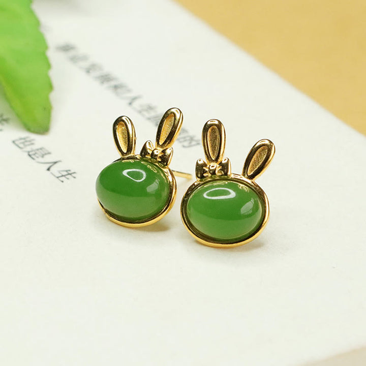 Buddha Stones 925 Sterling Silver Hetian Cyan Jade Cute Rabbit Luck Stud Earrings - image 3
