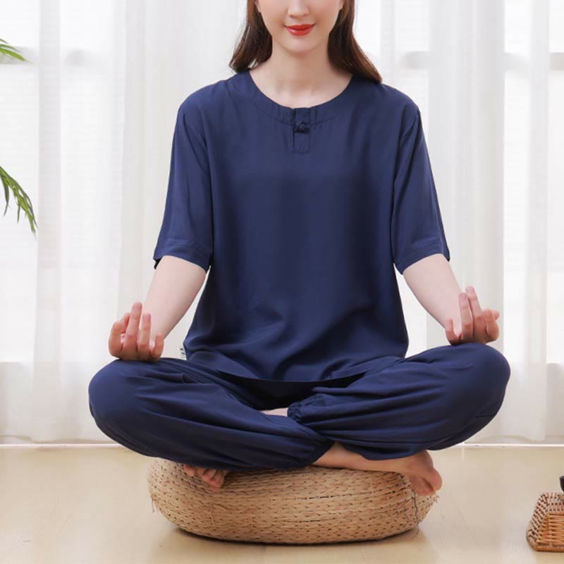 Buddha Stones 2pcs Plain Color Frog-Button Simple Design Crew Neck Design Half Sleeve Shirt Top Elastic Waist Pants Meditation Zen Tai Chi Cotton Clothing Women's Set - Navy - US14,UK/AU18,EU46 (4XL) - image 23