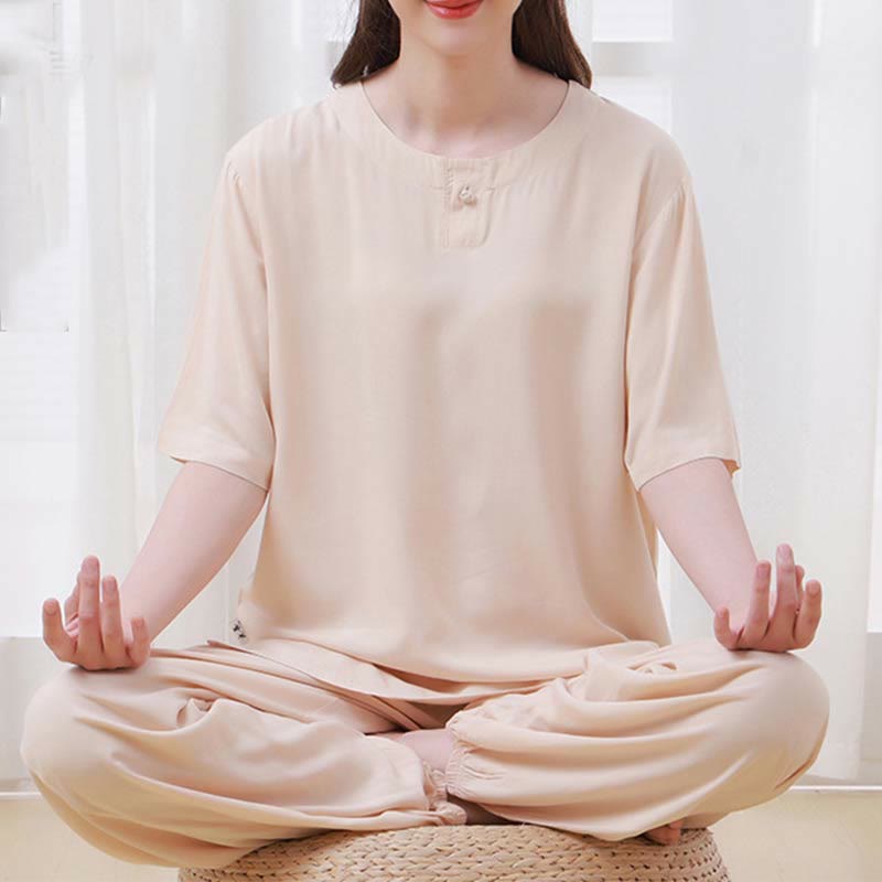 Buddha Stones 2pcs Plain Color Frog-Button Simple Design Crew Neck Design Half Sleeve Shirt Top Elastic Waist Pants Meditation Zen Tai Chi Cotton Clothing Women's Set - image 2
