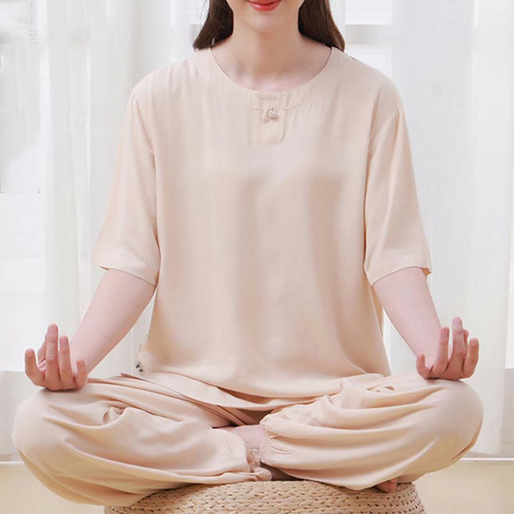 Buddha Stones 2pcs Plain Color Frog-Button Simple Design Crew Neck Design Half Sleeve Shirt Top Elastic Waist Pants Meditation Zen Tai Chi Cotton Clothing Women's Set - image 2