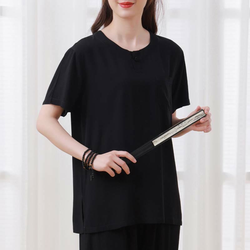 Buddha Stones 2pcs Plain Color Frog-Button Simple Design Crew Neck Design Half Sleeve Shirt Top Elastic Waist Pants Meditation Zen Tai Chi Cotton Clothing Women's Set - image 21