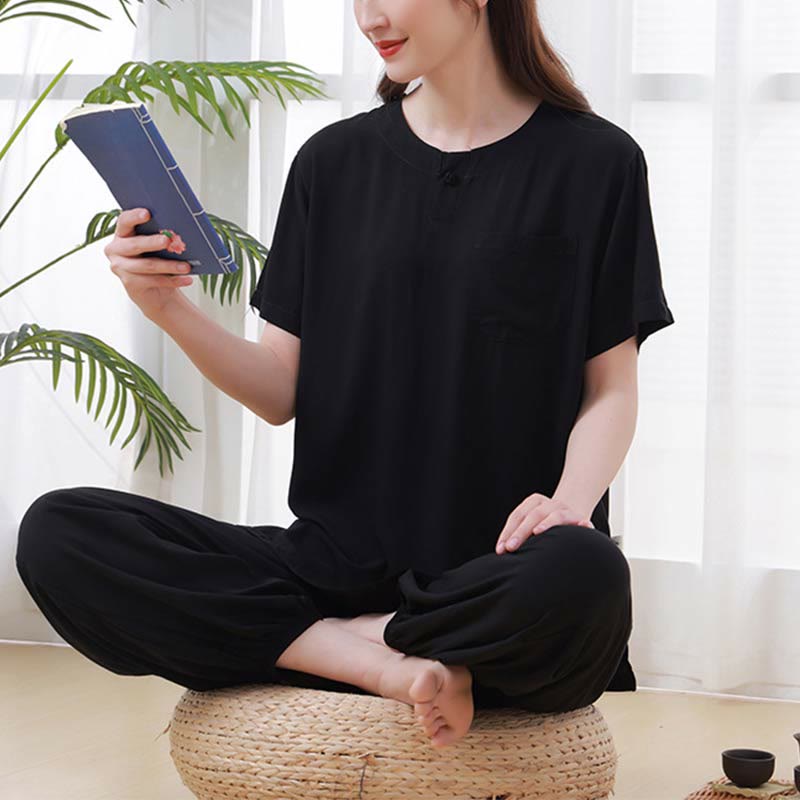 Buddha Stones 2pcs Plain Color Frog-Button Simple Design Crew Neck Design Half Sleeve Shirt Top Elastic Waist Pants Meditation Zen Tai Chi Cotton Clothing Women's Set - Black - US14,UK/AU18,EU46 (4XL) - image 19