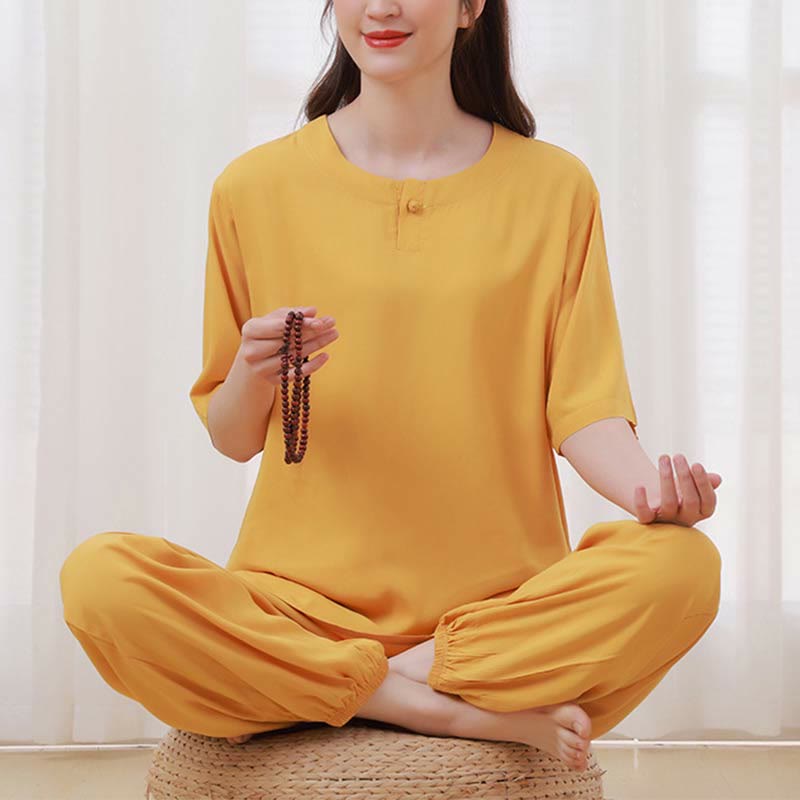 Buddha Stones 2pcs Plain Color Frog-Button Simple Design Crew Neck Design Half Sleeve Shirt Top Elastic Waist Pants Meditation Zen Tai Chi Cotton Clothing Women's Set - Gold - US14,UK/AU18,EU46 (4XL) - image 6