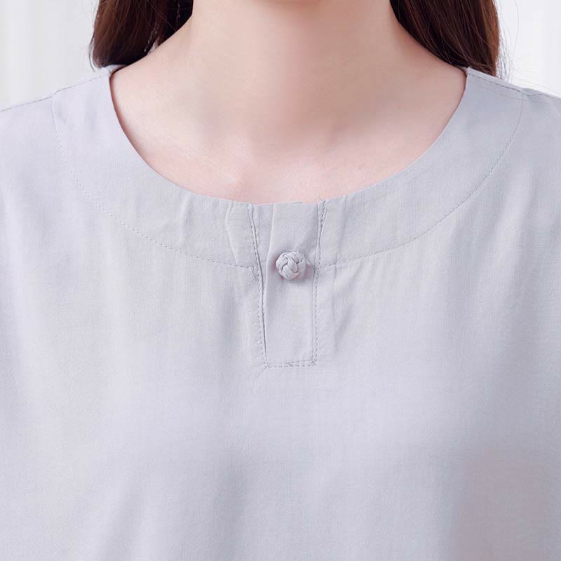 Buddha Stones 2pcs Plain Color Frog-Button Simple Design Crew Neck Design Half Sleeve Shirt Top Elastic Waist Pants Meditation Zen Tai Chi Cotton Clothing Women's Set - Lavender - US14,UK/AU18,EU46 (4XL) - image 15