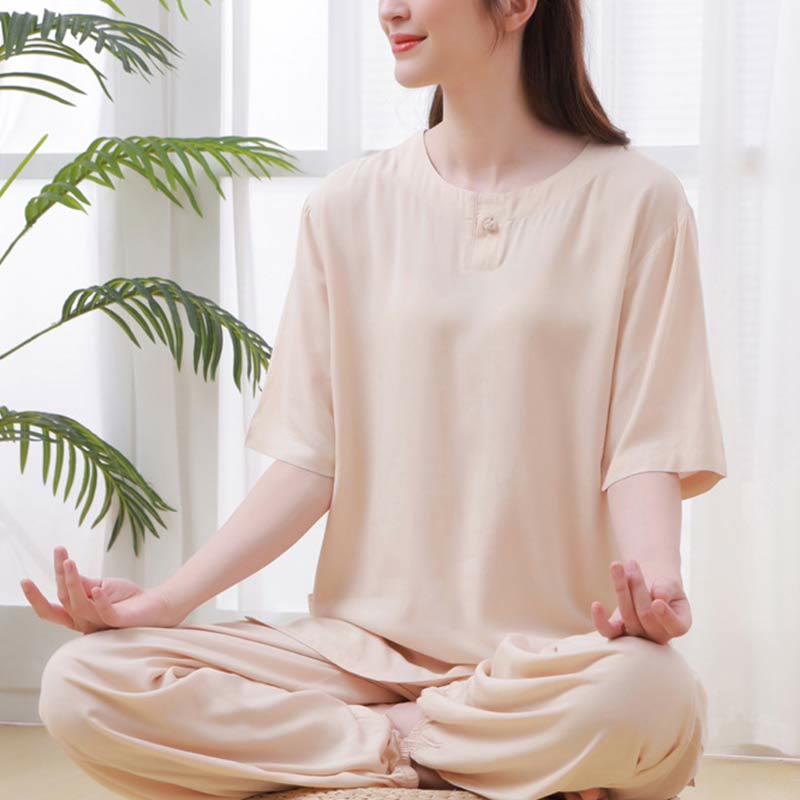 Buddha Stones 2pcs Plain Color Frog-Button Simple Design Crew Neck Design Half Sleeve Shirt Top Elastic Waist Pants Meditation Zen Tai Chi Cotton Clothing Women's Set - AntiqueWhite - US14,UK/AU18,EU46 (4XL) - image 0