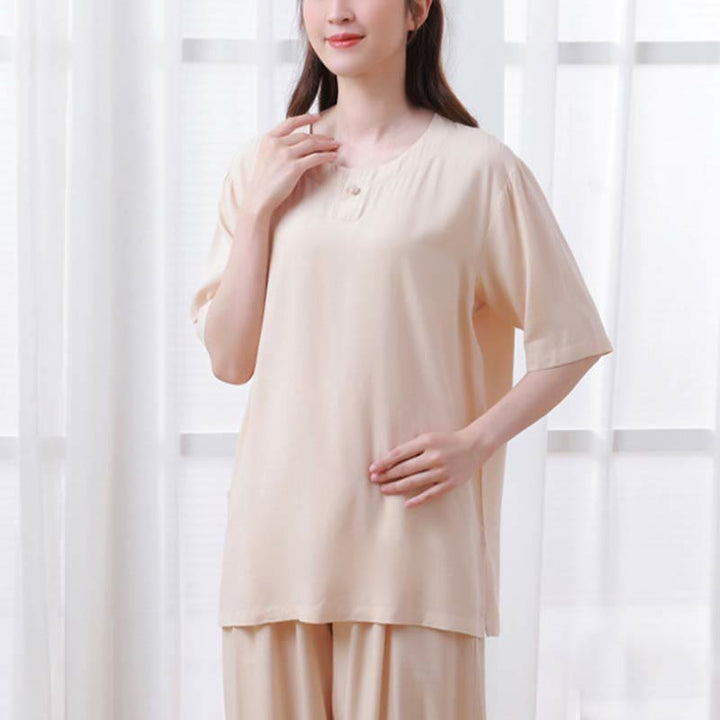 Buddha Stones 2pcs Plain Color Frog-Button Simple Design Crew Neck Design Half Sleeve Shirt Top Elastic Waist Pants Meditation Zen Tai Chi Cotton Clothing Women's Set - image 3