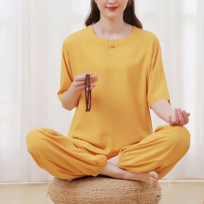 Buddha Stones 2pcs Plain Color Frog-Button Simple Design Crew Neck Design Half Sleeve Shirt Top Elastic Waist Pants Meditation Zen Tai Chi Cotton Clothing Women's Set - image 7