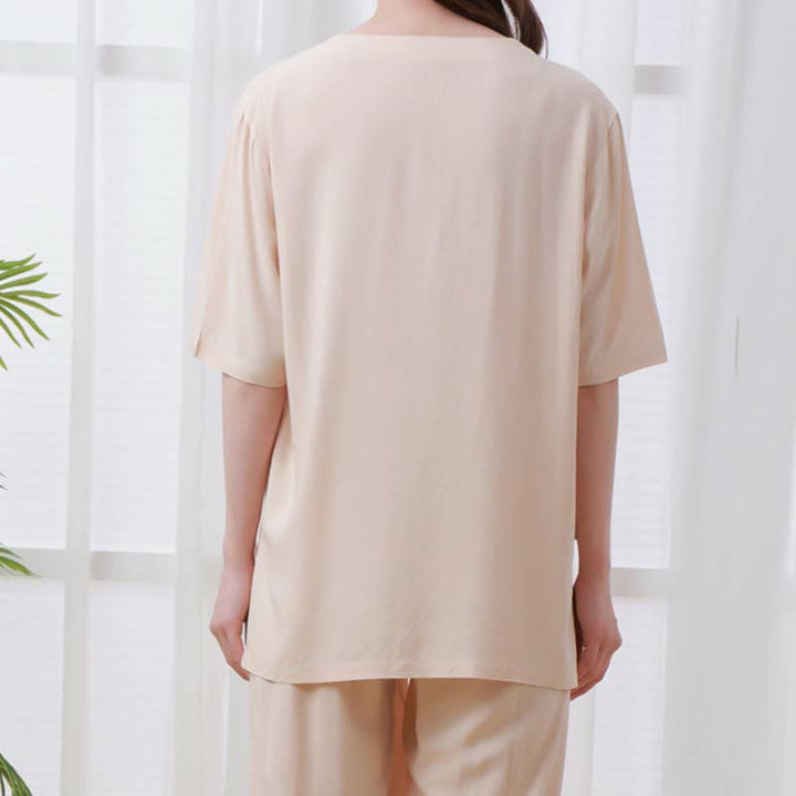 Buddha Stones 2pcs Plain Color Frog-Button Simple Design Crew Neck Design Half Sleeve Shirt Top Elastic Waist Pants Meditation Zen Tai Chi Cotton Clothing Women's Set - image 4