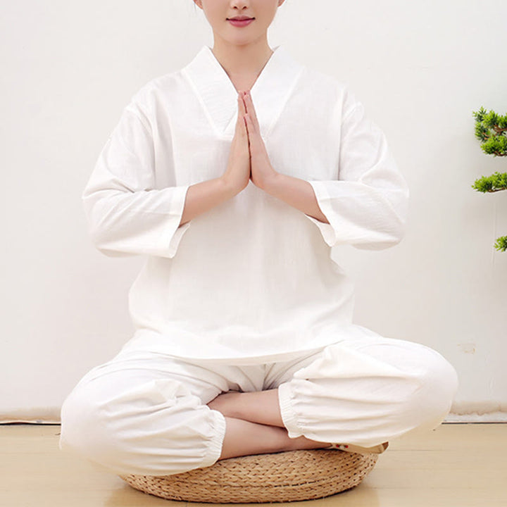 Buddha Stones Casual 2pcs Plain Long Sleeve Crumpling Design Shirt Top Skirt With Pockets Meditation Zen Tai Chi Clothing Women's Set - White - US14,UK/AU18,EU46 (2XL) - image 6