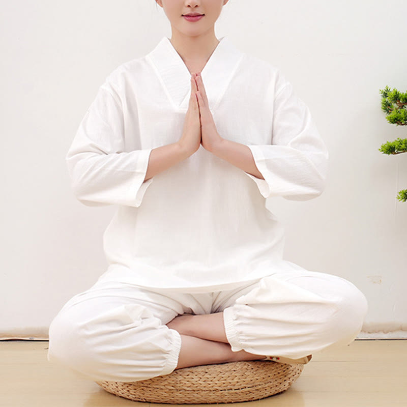 Buddha Stones Casual 2pcs Plain Long Sleeve Crumpling Design Shirt Top Skirt With Pockets Meditation Zen Tai Chi Clothing Women's Set - White - US14,UK/AU18,EU46 (2XL) - image 6