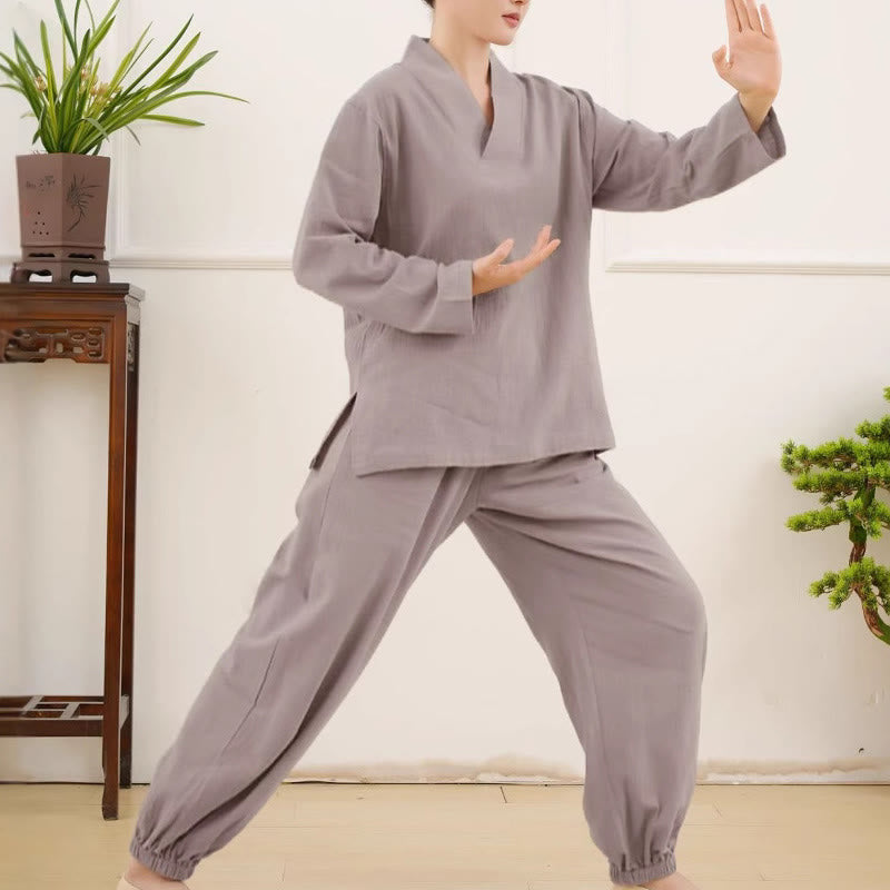 Buddha Stones Casual 2pcs Plain Long Sleeve Crumpling Design Shirt Top Skirt With Pockets Meditation Zen Tai Chi Clothing Women's Set - image 5