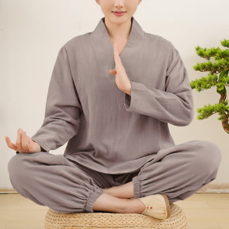 Buddha Stones Casual 2pcs Plain Long Sleeve Crumpling Design Shirt Top Skirt With Pockets Meditation Zen Tai Chi Clothing Women's Set - DarkGray - US14,UK/AU18,EU46 (2XL) - image 3