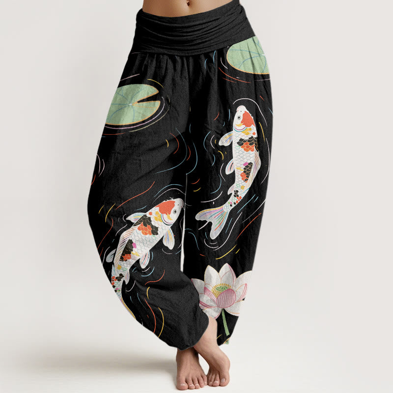 Buddha Stones Lotus Flower Lotus Leaves Koi Fish Water Ripples Pattern Women's Elastic Waist Harem Pants - Black - US22,UK/AU26,EU54 (6XL) - image 0