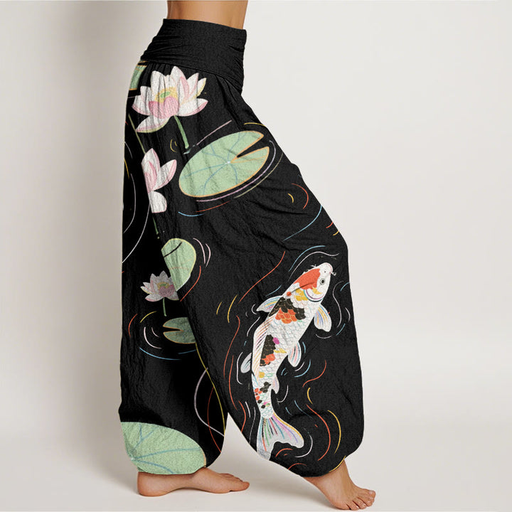 Buddha Stones Lotus Flower Lotus Leaves Koi Fish Water Ripples Pattern Women's Elastic Waist Harem Pants - image 2
