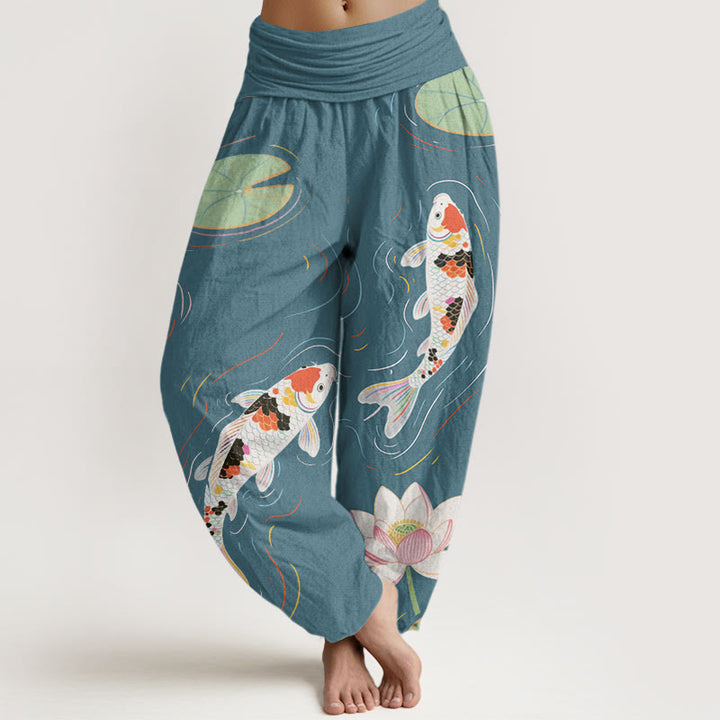 Buddha Stones Lotus Flower Lotus Leaves Koi Fish Water Ripples Pattern Women's Elastic Waist Harem Pants - LightSeaGreen - US22,UK/AU26,EU54 (6XL) - image 7