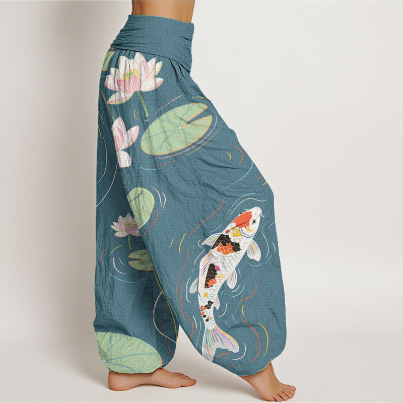 Buddha Stones Lotus Flower Lotus Leaves Koi Fish Water Ripples Pattern Women's Elastic Waist Harem Pants - image 9