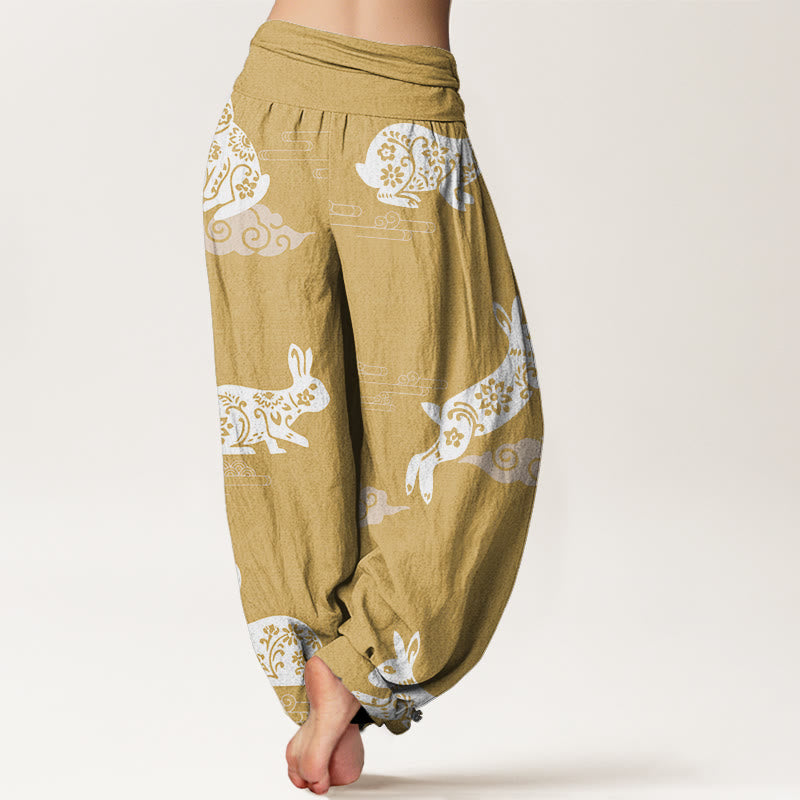 Buddha Stones White Rabbit Auspicious Cloud Pattern Women's Elastic Waist Harem Pants - image 5