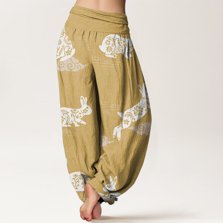 Buddha Stones White Rabbit Auspicious Cloud Pattern Women's Elastic Waist Harem Pants - image 5