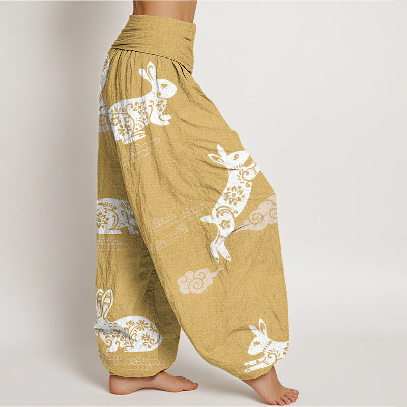 Buddha Stones White Rabbit Auspicious Cloud Pattern Women's Elastic Waist Harem Pants - image 6