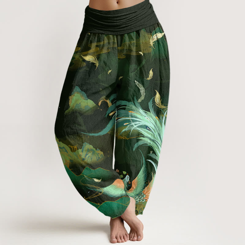 Buddha Stones Phoenix Mountain Cloud Pattern Women's Elastic Waist Harem Pants - OliveDrab - US22,UK/AU26,EU54 (6XL) - image 4