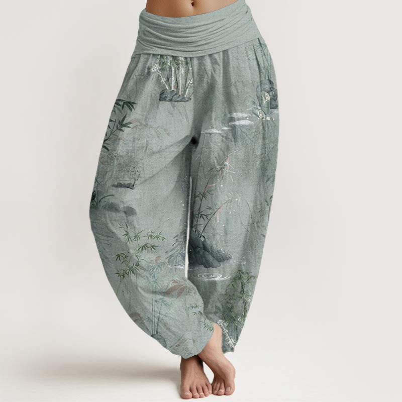 Buddha Stones Pure Cotton Casual Bamboo Rock Ink Painting Women's Elastic Waist Harem Pants - DarkSeaGreen - US22,UK/AU26,EU54 (6XL) - image 9
