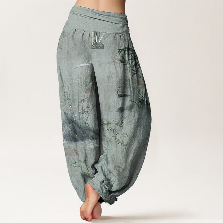 Buddha Stones Pure Cotton Casual Bamboo Rock Ink Painting Women's Elastic Waist Harem Pants - image 10