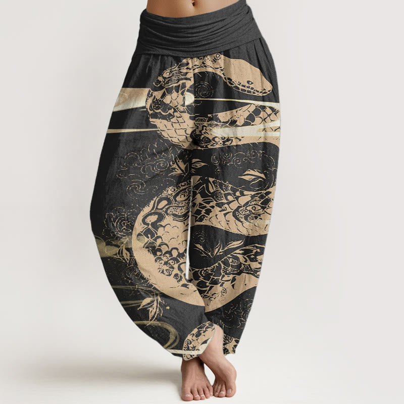 Buddha Stones Pure Cotton Auspicious Clouds With Snake Pattern Women's Elastic Waist Harem Pants - Black - US22,UK/AU26,EU54 (6XL) - image 0