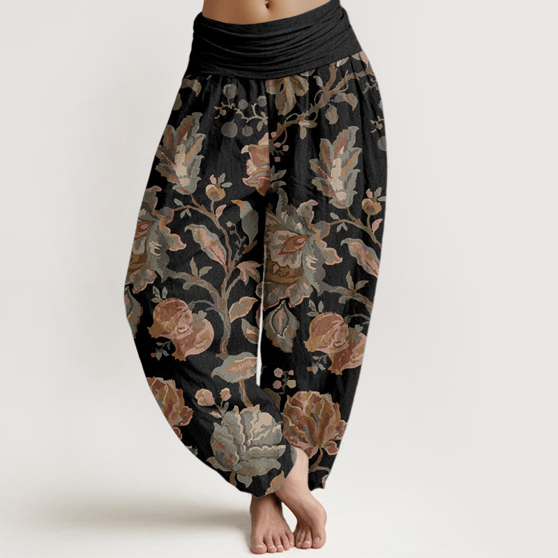 Buddha Stones Pure Cotton Casual Blooming Flowers Buds Design Women's Elastic Waist Harem Pants - Black - US22,UK/AU26,EU54 (6XL) - image 0