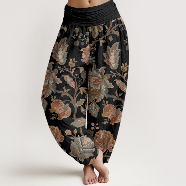 Buddha Stones Pure Cotton Casual Blooming Flowers Buds Design Women's Elastic Waist Harem Pants - Black - US22,UK/AU26,EU54 (6XL) - image 0