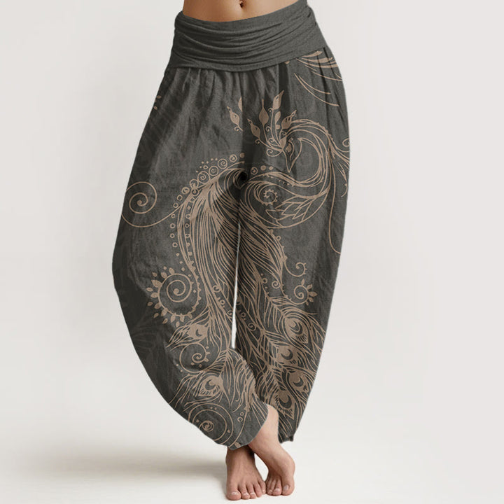 Buddha Stones Pure Cotton Casual Peacock Design Women's Elastic Waist Harem Pants - DimGray - US22,UK/AU26,EU54 (6XL) - image 8