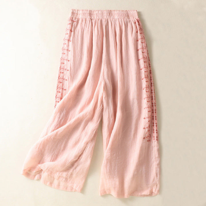 Buddha Stones Ethnic Embroidery Drawstring Cotton Linen Women's High Waist Wide Leg Pants With Pockets - LightPink - US8-10,UK/AU12-14,EU40-42 (2XL) - image 6