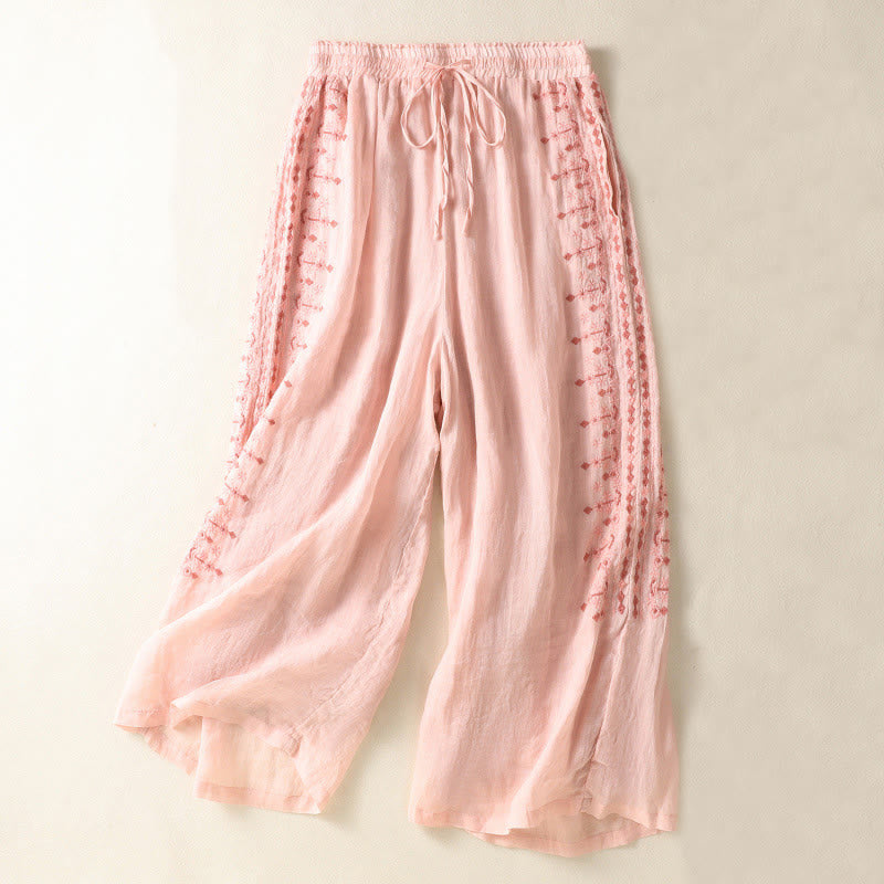 Buddha Stones Ethnic Embroidery Drawstring Cotton Linen Women's High Waist Wide Leg Pants With Pockets - image 7