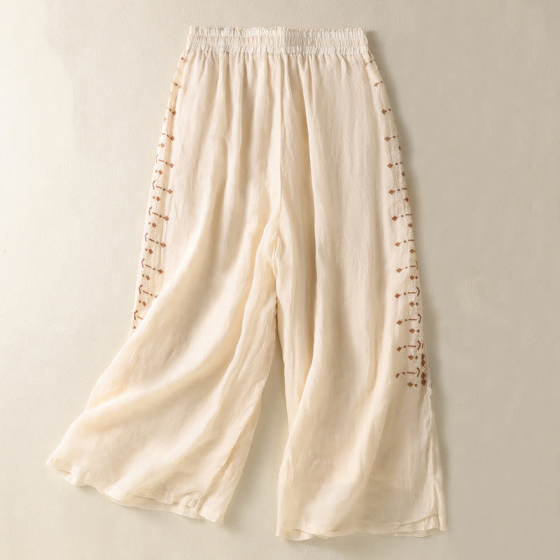 Buddha Stones Ethnic Embroidery Drawstring Cotton Linen Women's High Waist Wide Leg Pants With Pockets - LemonChiffon - US8-10,UK/AU12-14,EU40-42 (2XL) - image 0