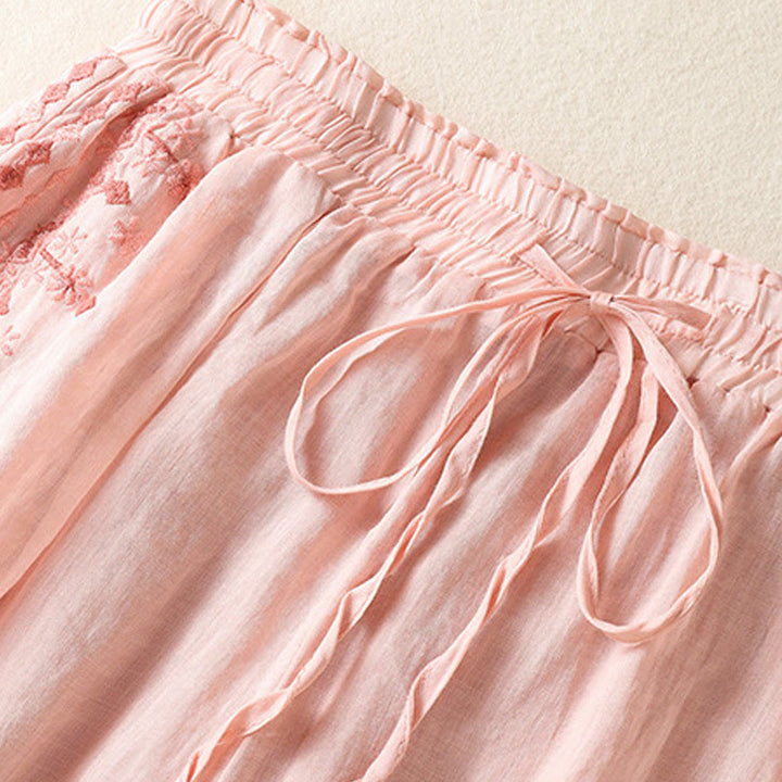 Buddha Stones Ethnic Embroidery Drawstring Cotton Linen Women's High Waist Wide Leg Pants With Pockets - image 8