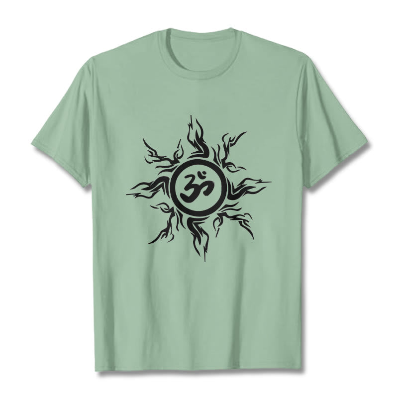 Buddha Stones Sunburst Pattern Surrounding An Om Symbol Pattern Cotton Tee T-shirt - PaleGreen - 2XL - image 14