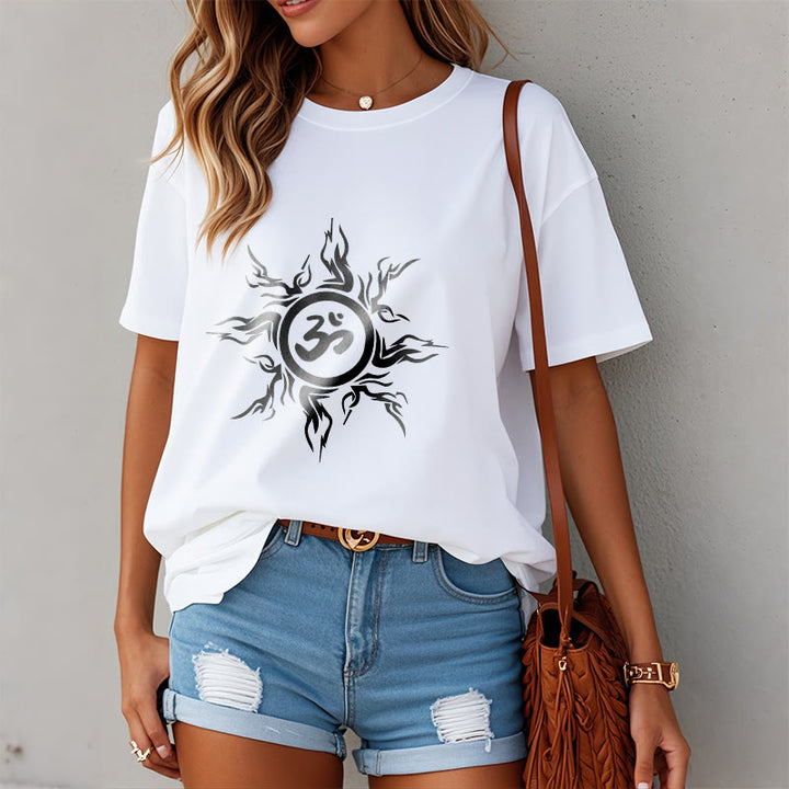 Buddha Stones Sunburst Pattern Surrounding An Om Symbol Pattern Cotton Tee T-shirt - image 1