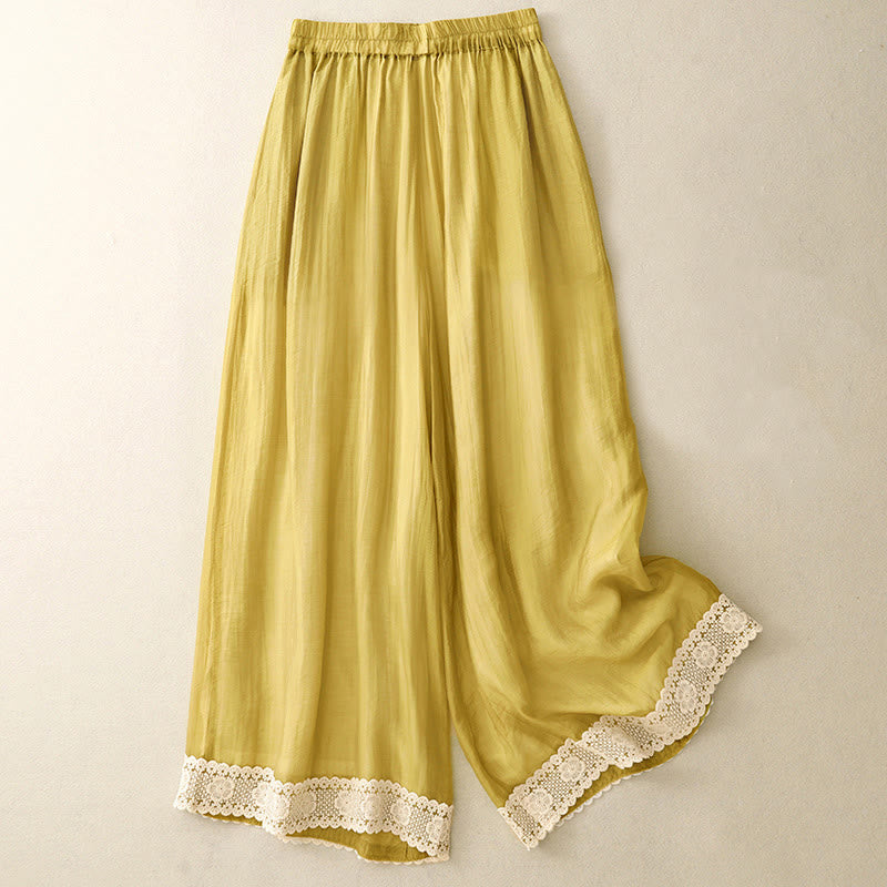 Buddha Stones Spring Vintage Casual Solid Color Lace Patchwork Cuff Women's Cotton Linen Wide Leg Pants With Pockets - Gold - US8-10,UK/AU12-14,EU40-42 (2XL) - image 0