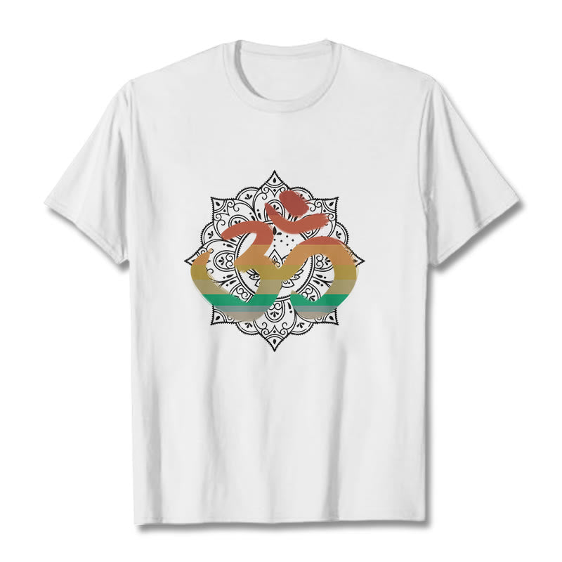 Buddha Stones Gradient-colored Om Sanskrit Mandala Background Pattern Cotton Tee T-shirt - White - 2XL - image 3
