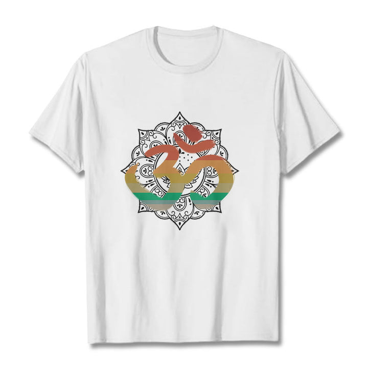 Buddha Stones Gradient-colored Om Sanskrit Mandala Background Pattern Cotton Tee T-shirt - White - 2XL - image 3