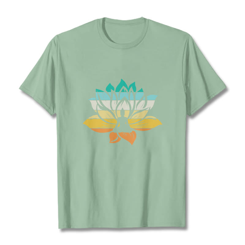 Buddha Stones Gradient-colored Lotus Flower Buddha Meditation Cotton Tee T-shirt - PaleGreen - 2XL - image 14