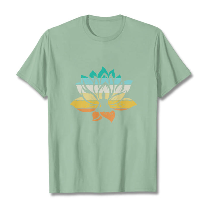 Buddha Stones Gradient-colored Lotus Flower Buddha Meditation Cotton Tee T-shirt - PaleGreen - 2XL - image 14